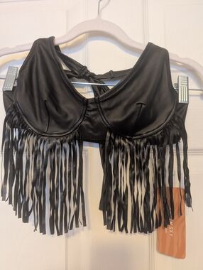 Fringe Accent Black Faux Leather Bralette By Shein Sky
